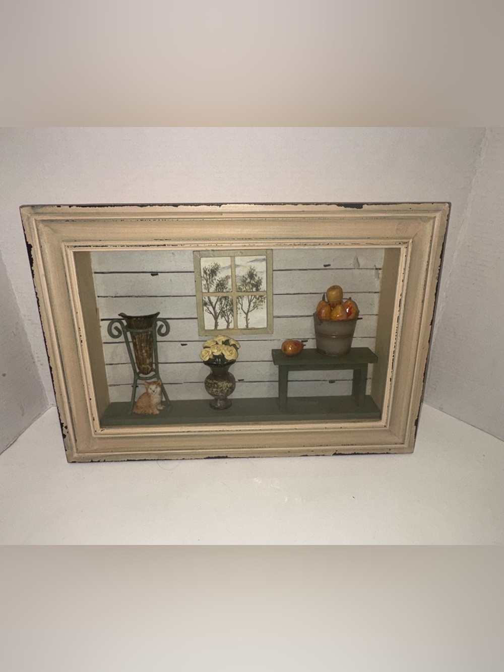 Rustic Window Shadow Box Wall Decor in Cream and Green